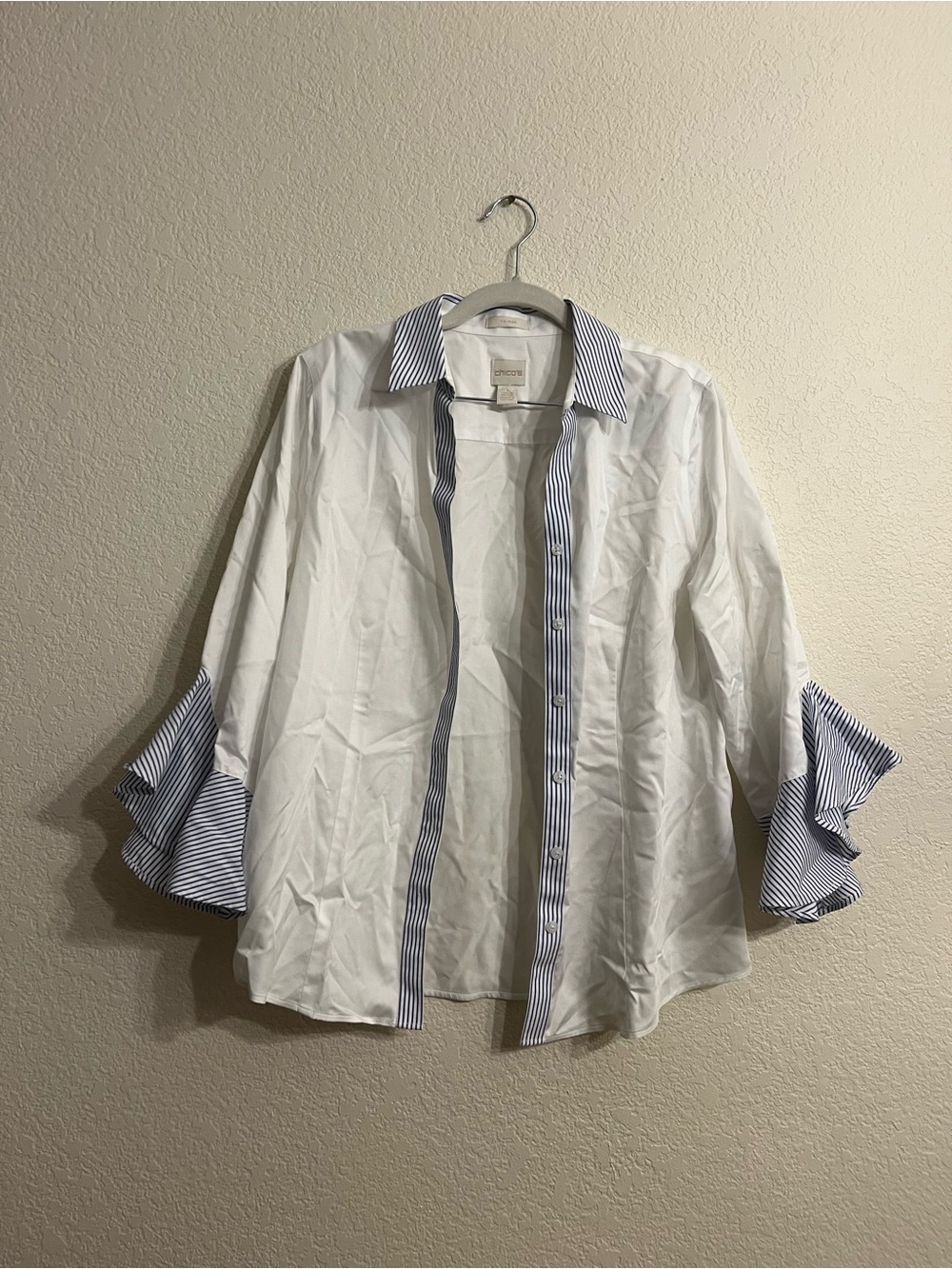 Chico's White Button-Down Shirt with Blue Stripe Trim